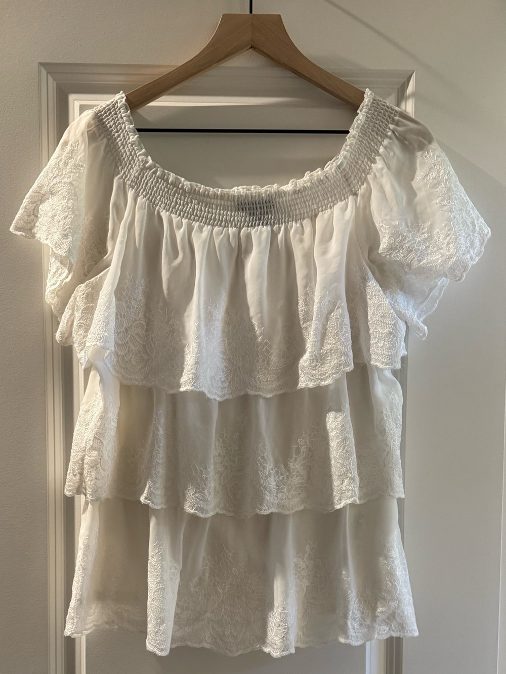 White House Black Market Ivory Off-Shoulder Tiered Lace Tunic
